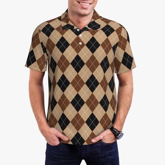Sikiie Argyle of brown Print Men's Short-sleeved POLO Shirts, Button-down Shirts and T-shirts are Suitable for Vacation, Leisure and Business-Small