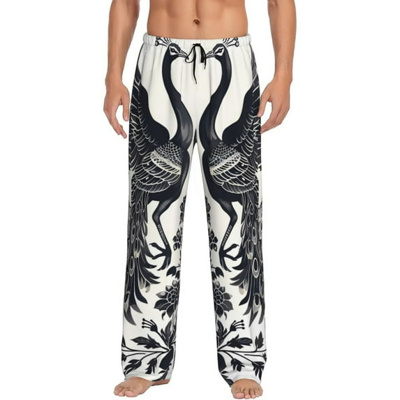 Sikiie Artistic Black White Peacocks Pajama Pants Men, PJ Bottoms, Sleep & Lounge Pants-Large