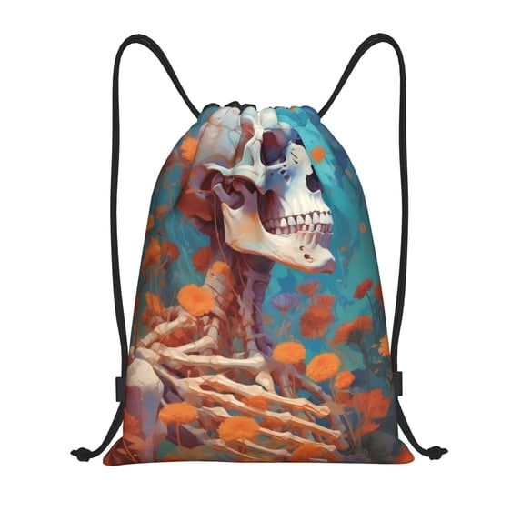 Sikiie Artistic Orange Carnation Skull Drawstring Backpack Drawstring Bags, Draw String Back Bag for Sports, Gym, Travel, Swimming, Beach-Medium