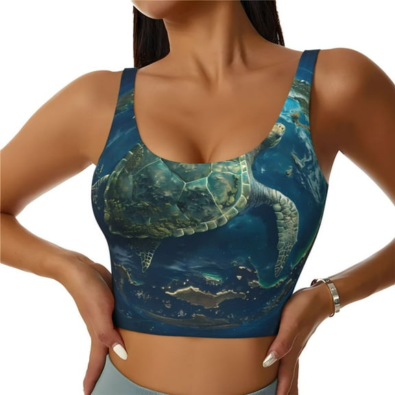 Sikiie Artistic Turtle Earth Print Strappy Sports Bra for Women Padded Push Up Sports Bra Athletic Running Sports Bra Workout Bra Yoga Bra