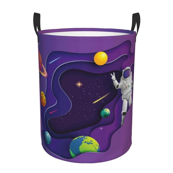 Sikiie Astronaut Print Round Dirty Clothes Basket, Waterproof Standing Foldable Storage Basket, for Laundry Room, Bedroom, Bathroom Storage-Medium