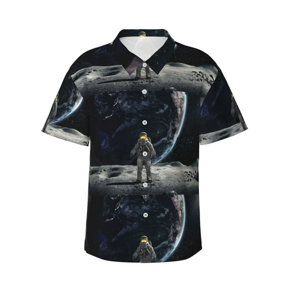 Sikiie Astronaut Standing In The Moon Print Men's Hawaiian Shirt, Summer Beach Button Pocket Short Sleeve T-Shirt,Small