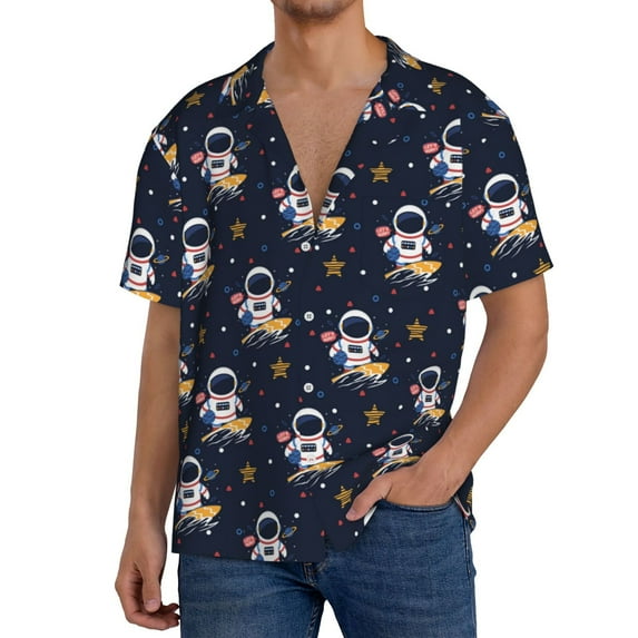 Sikiie Astronaut Surfing Men's Cuban Shirt, Hawaiian Shirts, Business Casual Button Down Shirts, Short Sleeve Shirt-Small