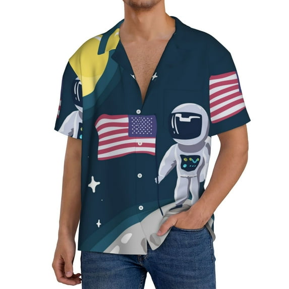 Sikiie Astronaut With USA Flag Men's Wrinkle Free Untucked Cuban Shirt Business Casual Button Down Shirts Short Sleeve ShirtSmall