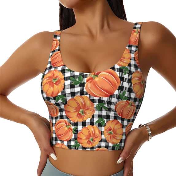 Sikiie Autumn Pumpkins Gingham Print Strappy Sports Bra for Women Padded Push Up Sports Bra Athletic Running Sports Bra Workout Bra Yoga Bra