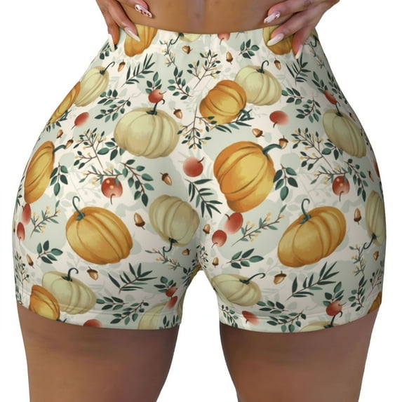 Sikiie Autumn Pumpkins Leaves Print Workout Shorts Women Scrunch Butt Gym Shorts Seamless High Waist Tummy Control Yoga Biker Athletic Shorts