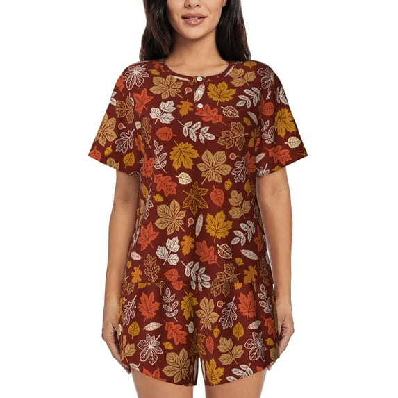 Sikiie Autumn Warm Tone Maple Leaf Womens Pajama Sets Short Sleeve Top With Pants Sleepwear 2 Piece Lounge Set-3X-Large