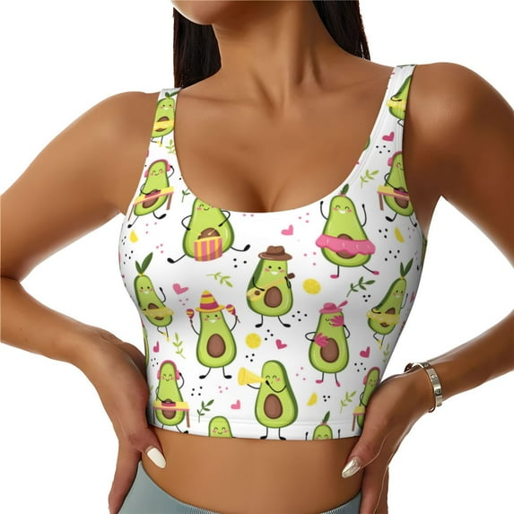 Sikiie Avocado Playing Music Print Strappy Sports Bra for Women Padded Push Up Sports Bra Athletic Running Sports Bra Workout Bra Yoga Bra