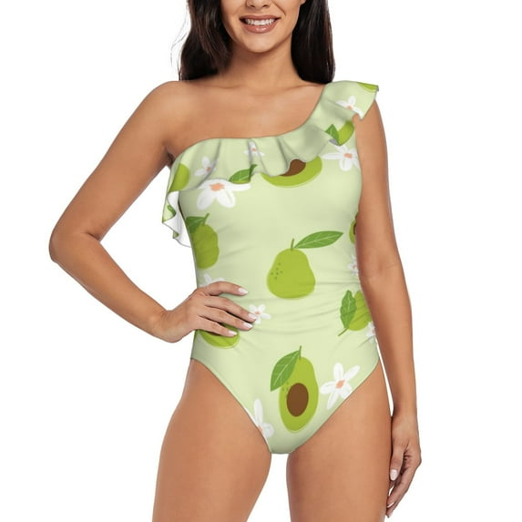 Sikiie Avocado With Leaf And Flower Print Women One Piece Swimsuits Tummy Control One Shoulder Bathing Suits Ruffle Swimwear, From S to XXL-Large