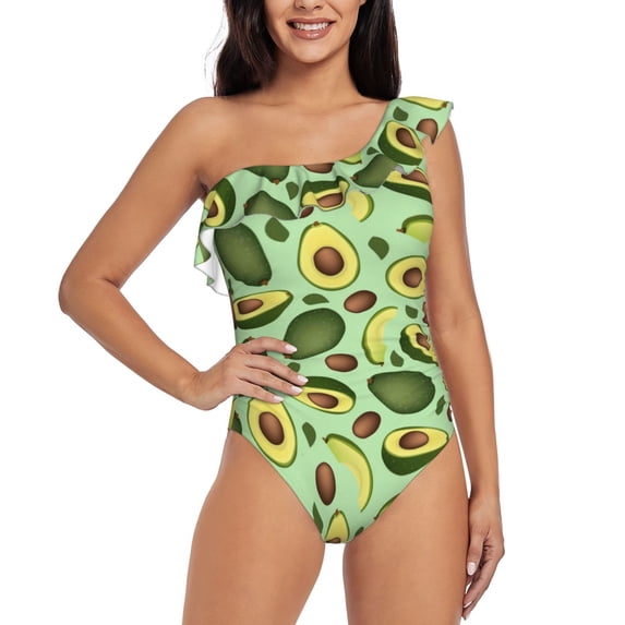 Sikiie Avocado With Seeds Print Women One Piece Swimsuits Tummy Control One Shoulder Bathing Suits Ruffle Swimwear, From S to XXL-XX-Large