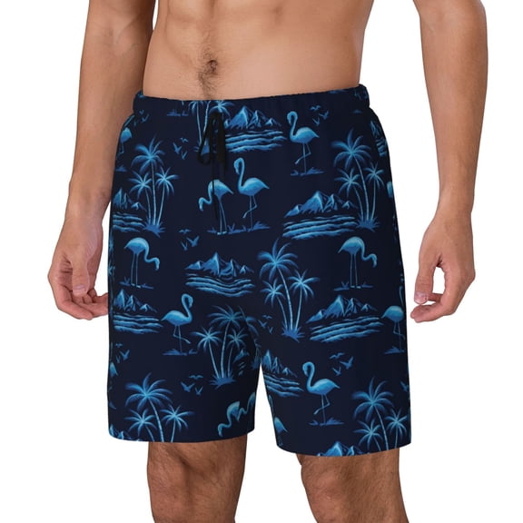 Sikiie BLUE Flamingo Birds Print Men's Double Layer Swimming Trunks, Adjustable Waistband and Pockets Sports Swimming Trunks, Beach Swimwear-Small