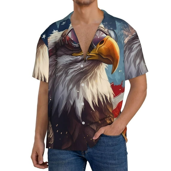 Sikiie Bald Eagle Pilot Men's Wrinkle Free Untucked Cuban Shirt Business Casual Button Down Shirts Short Sleeve ShirtXX-Large