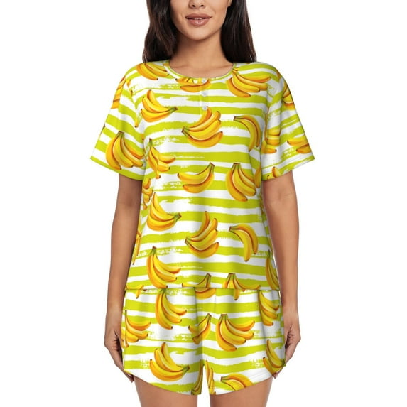 Sikiie Bananas On A Striped Womens Pajama Sets Short Sleeve Top With Pants Sleepwear 2 Piece Lounge Set-X-Large