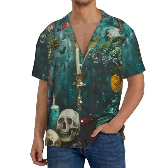 Sikiie Baroque Floral Still Life Men's Cuban Shirt, Hawaiian Shirts, Business Casual Button Down Shirts, Short Sleeve Shirt-Small