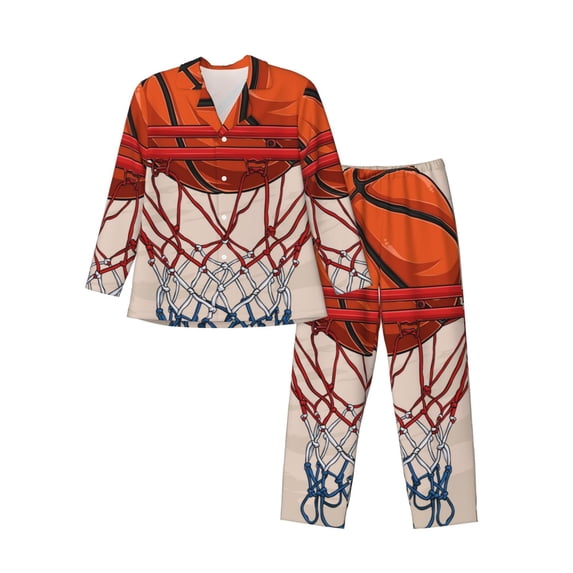 Sikiie Basketball Shot Mens Pajama Set, Soft Warm Long Sleeve Sleepwear, Cozy Button-Down Pjs for Men-XX-Large