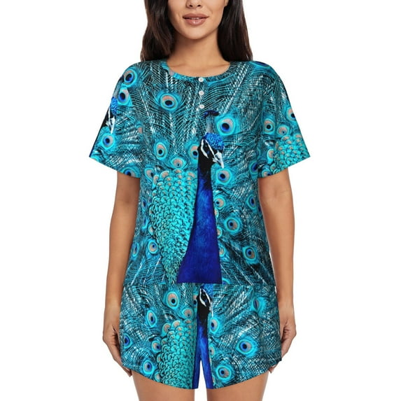 Sikiie Beautiful Blue Peacock Womens Pajama Sets Short Sleeve Top With Pants Sleepwear 2 Piece Lounge SetX-Large