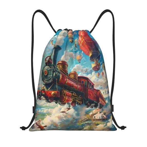 Sikiie Beautiful Red Train Hot Air Balloon Drawstring Backpack Drawstring Bags, Draw String Back Bag for Sports, Gym, Travel, Swimming, Beach-Small
