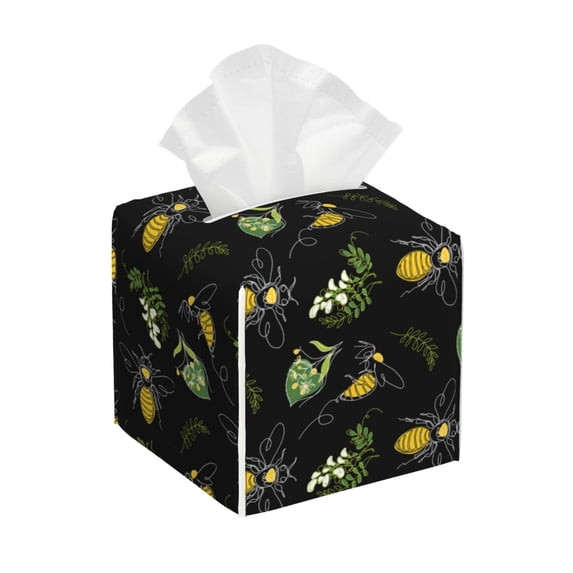 Sikiie Bee Floral Leather Tissue Box Cover Square, tissue box holder, Tissue Box with Bottom Belt-5.2”x5.2”x5.2”
