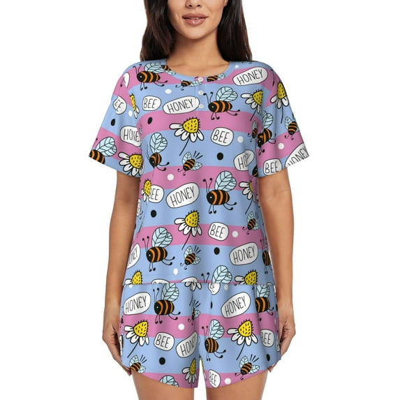 Sikiie Bees And Daisies Striped Womens Pajama Sets Short Sleeve Top With Pants Sleepwear 2 Piece Lounge SetLarge