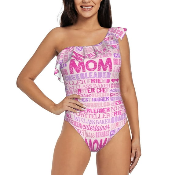 Sikiie Best Mom ever Print Women One Piece Swimsuits Tummy Control One Shoulder Bathing Suits Ruffle Swimwear, From S to XXL-Medium
