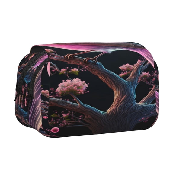 Sikiie Bird 2 Print Flip Double-layer Pencil Case, All-purpose Stationery Bag for Study and Office, Zipper Design, Unisex