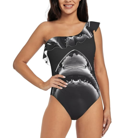 Sikiie Black And White Shark Print Women One Piece Swimsuits Tummy Control One Shoulder Bathing Suits Ruffle Swimwear, From S to XXL-Large