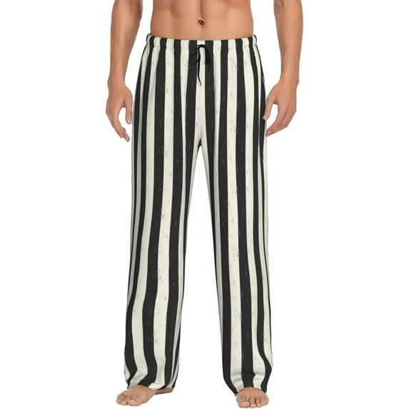 Sikiie Black And White Thick Stripes Pajama Pants Men, PJ Bottoms, Sleep & Lounge Pants-XX-Large