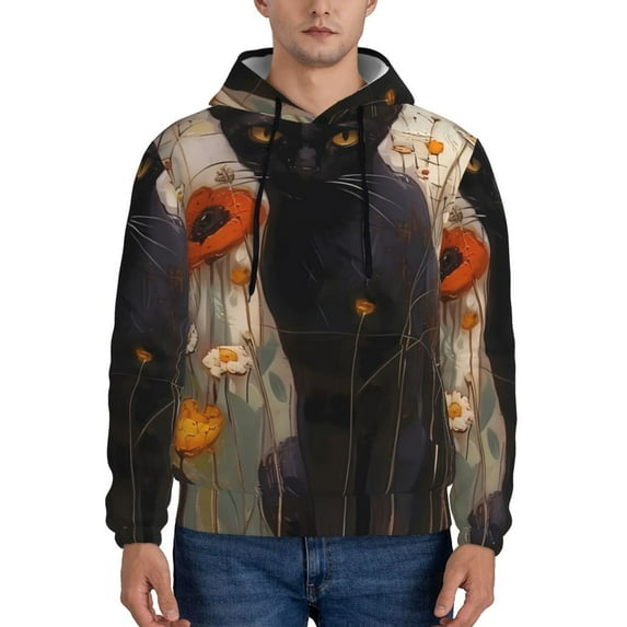 Sikiie Black Cat in Wildflowers Men's Hoodie, Essentials Hoodie, Sweatshirt, Pullover Hooded Sweatshirt for Men-X-Large