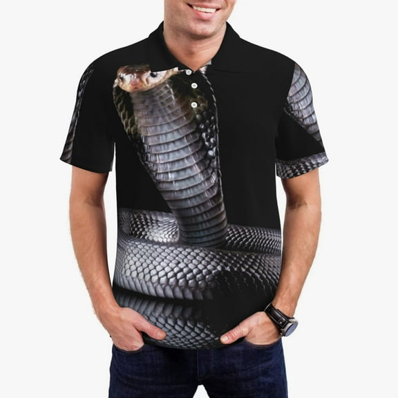 Sikiie Black Cobra Snake Print Men's Short-sleeved POLO Shirts, Button-down Shirts and T-shirts are Suitable for Vacation, Leisure and Business-Small