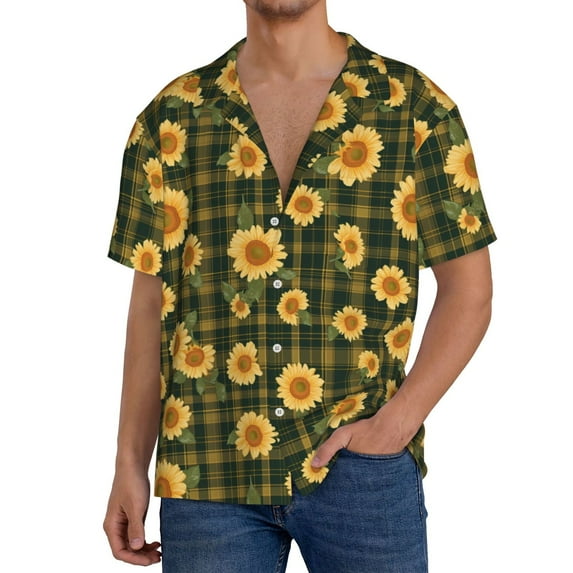 Sikiie Black Ink Green Plaid Sunflower Men's Wrinkle Free Untucked Cuban Shirt Business Casual Button Down Shirts Short Sleeve Shirt4X-Large