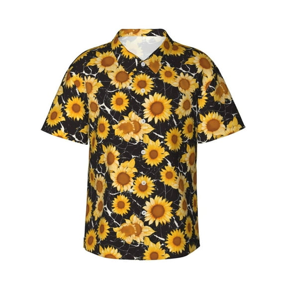 Sikiie Black Marble Pattern Sunflower Print Men's Hawaiian Shirt, Summer Beach Button Pocket Short Sleeve T-Shirt,Medium