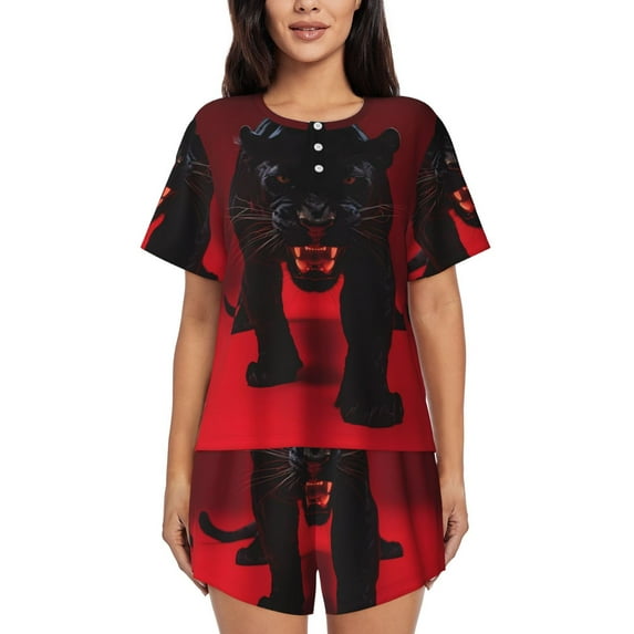 Sikiie Black Panther Red Background Womens Pajama Sets Short Sleeve Top With Pants Sleepwear 2 Piece Lounge Set-4X-Large