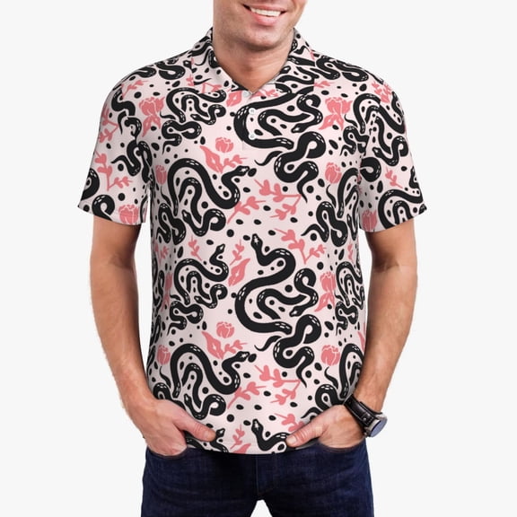 Sikiie Black Snake Print Men's Short-sleeved POLO Shirts, Button-down Shirts and T-shirts are Suitable for Vacation, Leisure and Business-Small