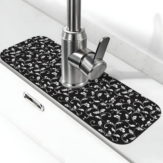 Sikiie Black White Leaves Splash Guard for Sink Faucet-1 PC Super Absorbent Fast Drying Mat Sink Gadgets-Splash Guard for Kitchen, Sink Mat