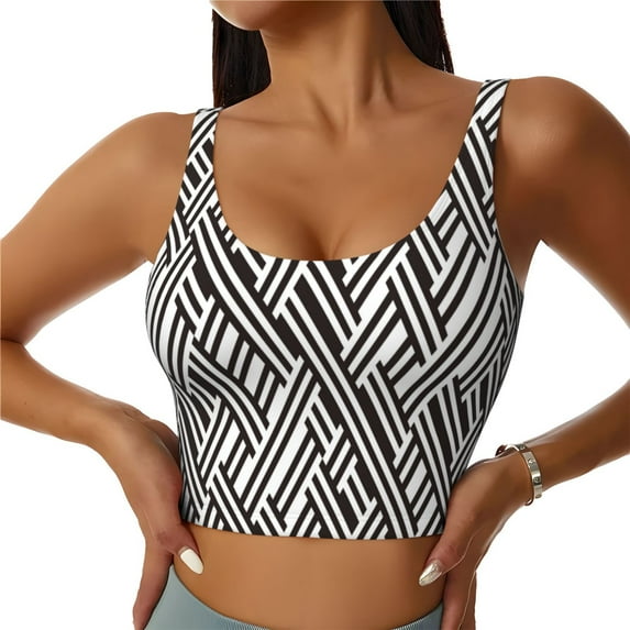 Sikiie Black White Stripes Print Strappy Sports Bra for Women Padded Push Up Sports Bra Athletic Running Sports Bra Workout Bra Yoga Bra