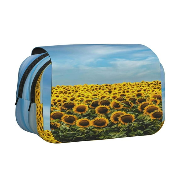 Sikiie Blooming Sunflower Field Print Flip Double-layer Pencil Case, All-purpose Stationery Bag for Study and Office, Zipper Design, Unisex