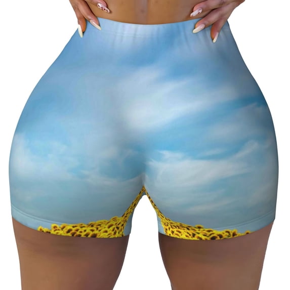 Sikiie Blooming Sunflower Field Print Workout Shorts Women Scrunch Butt Gym Shorts Seamless High Waist Tummy Control Yoga Biker Athletic Shorts