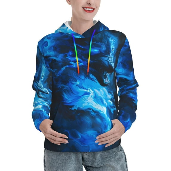 Sikiie Blue Fire Cool Wolf Women's Casual Hoodies Long Sleeve Lightweight Pullover Tops Loose Sweatshirt-Large