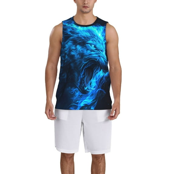 Sikiie Blue Fire Wolf Basketball Jersey Reversible Men's Mesh Athletic Sports Shirts Training Practice S-4XLMedium