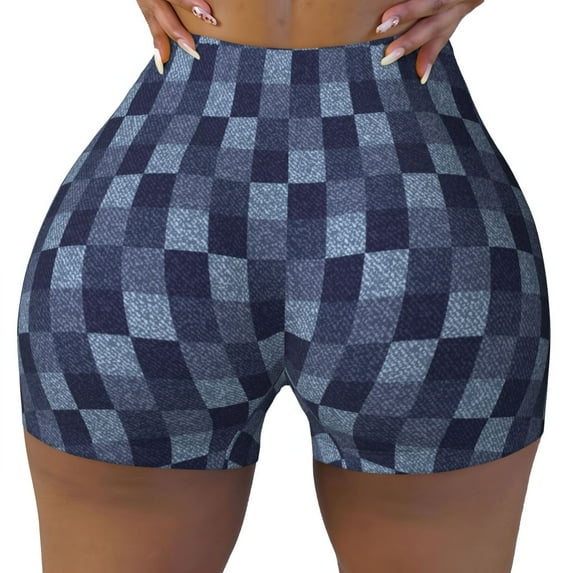 Sikiie Blue Gingham Buffalo Check Print Workout Shorts Women Scrunch Butt Gym Shorts Seamless High Waist Tummy Control Yoga Biker Athletic Shorts