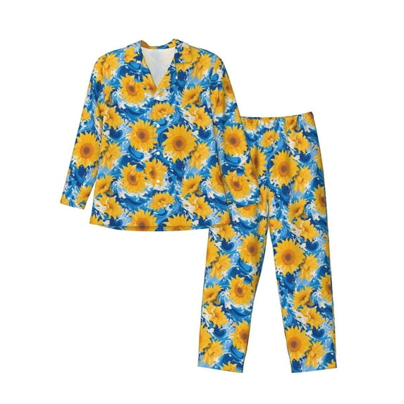 Sikiie Blue Ocean Wave Sunflower Mens Pajama Set, Soft Warm Long Sleeve Sleepwear, Cozy Button-Down Pjs for Men-Large