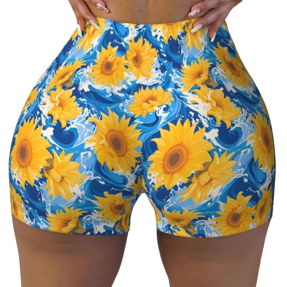 Sikiie Blue Ocean Wave Sunflower Print Workout Shorts Women Scrunch Butt Gym Shorts Seamless High Waist Tummy Control Yoga Biker Athletic Shorts