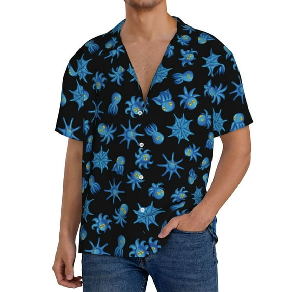 Sikiie Blue Octopus Men's Wrinkle Free Untucked Cuban Shirt Business Casual Button Down Shirts Short Sleeve ShirtMedium