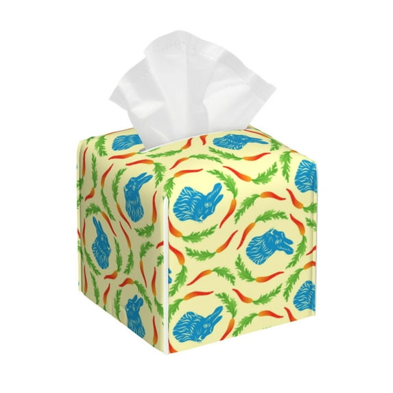 Sikiie Blue Rabbit Leather Tissue Box Cover Square, tissue box holder, Tissue Box with Bottom Belt-5.2”x5.2”x5.2”