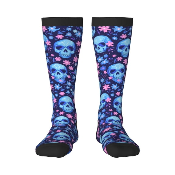 Sikiie Blue Skull Flower Knee Socks, High Socks Long Stretchy Sock Women Knee High Stocking, Long Socks for Women