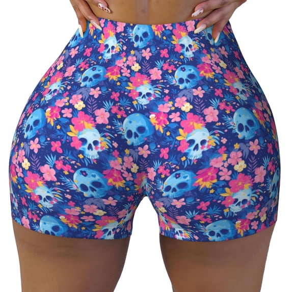 Sikiie Blue Skull Flower Print Workout Shorts Women Scrunch Butt Gym Shorts Seamless High Waist Tummy Control Yoga Biker Athletic Shorts