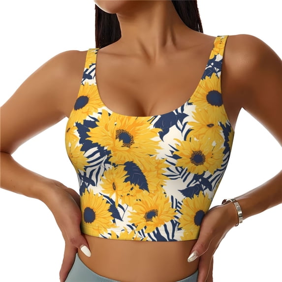Sikiie Blue Striped Sunflower Print Strappy Sports Bra for Women Padded Push Up Sports Bra Athletic Running Sports Bra Workout Bra Yoga Bra