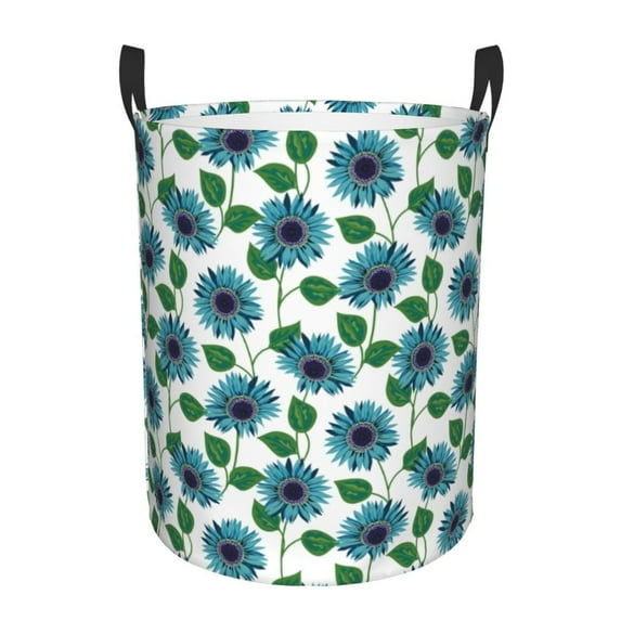 Sikiie Blue Sunflowers Print Round Dirty Clothes Basket, Waterproof Standing Foldable Storage Basket, for Laundry Room, Bedroom, Bathroom Storage-Medium