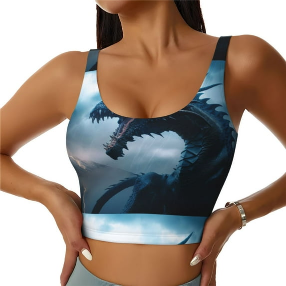 Sikiie Blue Thunder Storm Dragon Print Strappy Sports Bra for Women Padded Push Up Sports Bra Athletic Running Sports Bra Workout Bra Yoga Bra