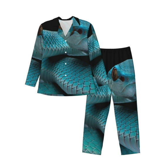 Sikiie Blue Viper Snake1 Mens Pajama Set, Soft Warm Long Sleeve Sleepwear, Cozy Button-Down Pjs for Men-X-Large